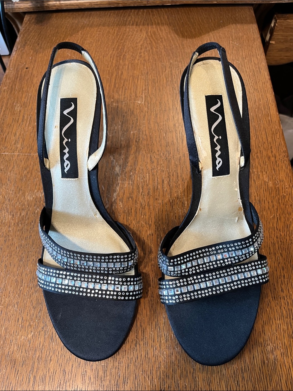 Nina Black Rhinestone Strap Slingback Heels